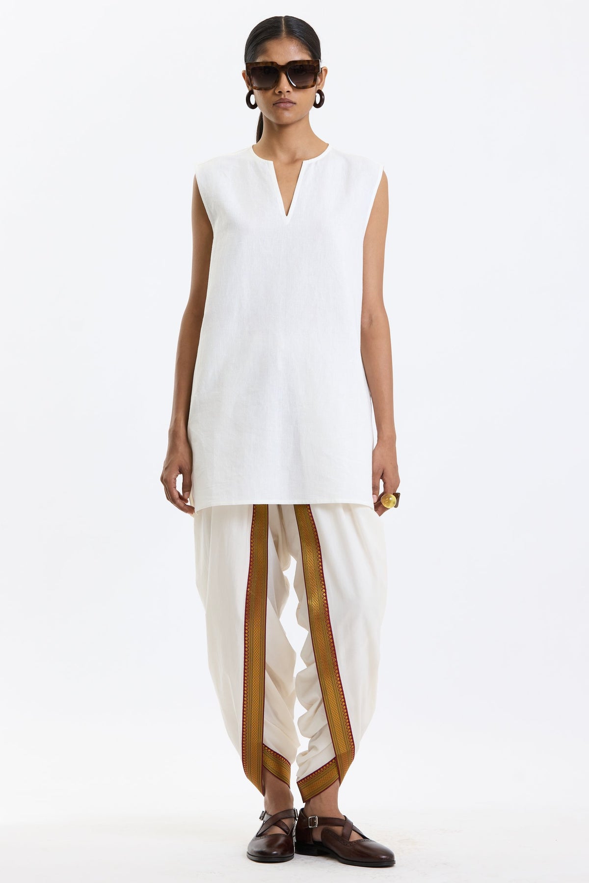 V Neck Vest – White by Swasthii, worn by a model – view 1
