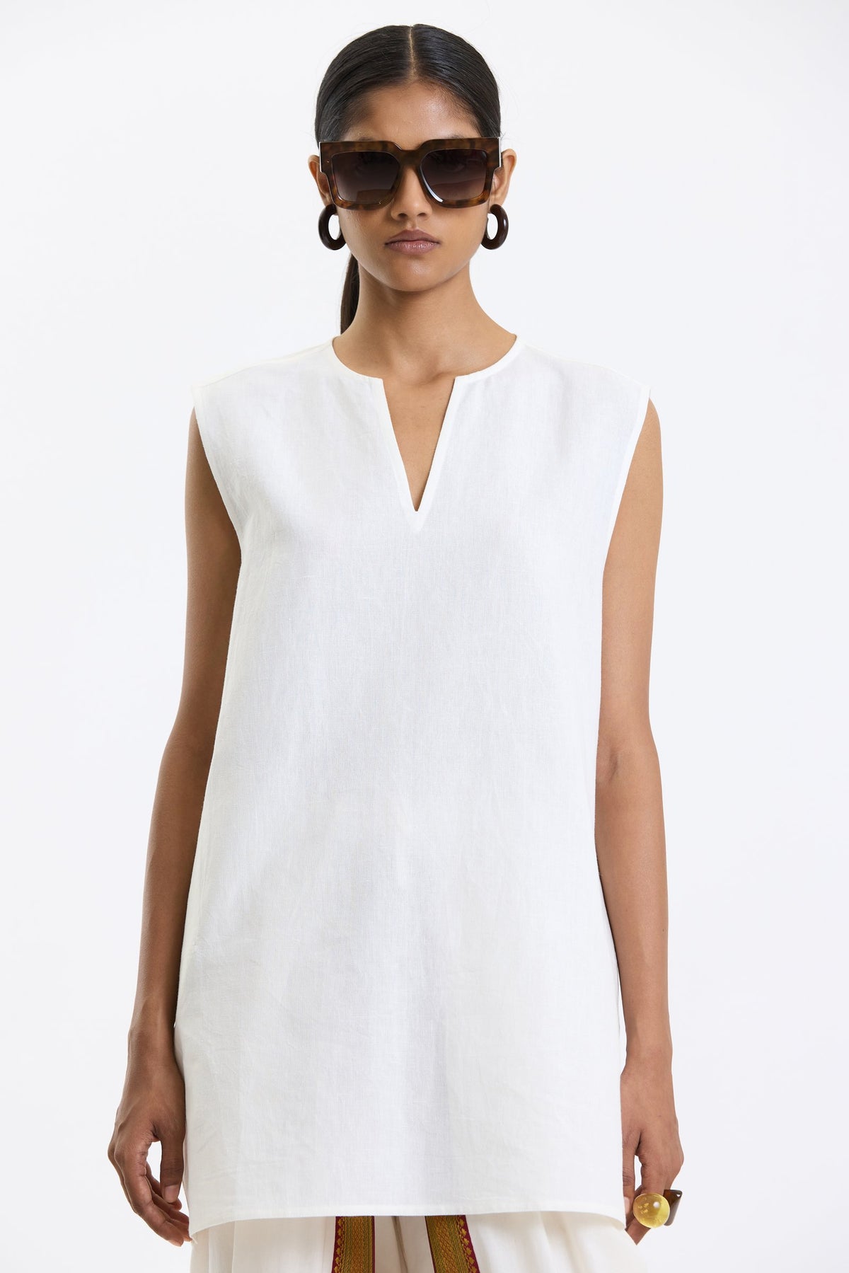 V Neck Vest – White by Swasthii, worn by a model – view 3